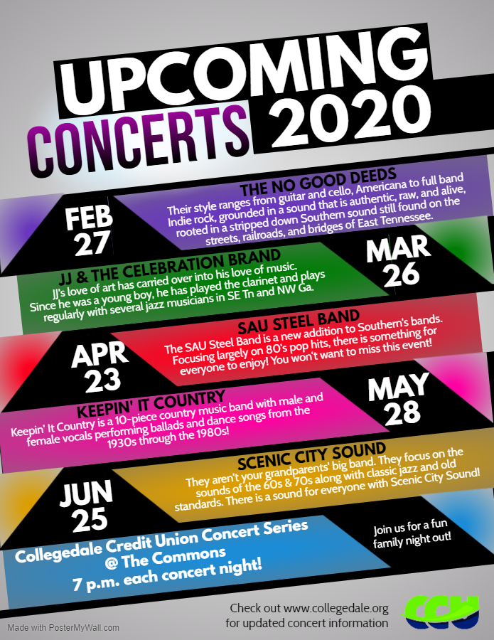 Upcoming Conerts 2020. Feb 27 - No Good Deeds, Mar 26 - JJ & The Celebration Brand, Apr 23 - Sau Steel Band, May 28 - Keepin' It Country, Jun 25 - Scenic City Sound