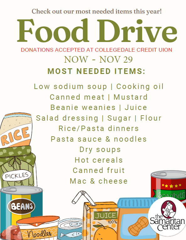 Check out our most needed items this year!  Food Drive.  Donatations accepted at Collegedale Credit Union Now - Nov 29.  Most Needed Items: Low sodium soup, Cooking oil, canned meat, mustard, beanie weanies, juice salad dressing, sugar, flour, rice/pasta dinners, pasta sauce and noodles, dry soups, hot cereals, canned fruit, mac and cheese.   The Samaritan Center logo is in the bottom right corner surrounded by clip art images of rice, juice boxes, canned soup and beans, and peanut butter jars.