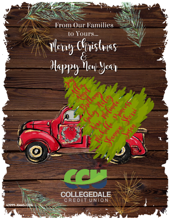 From our Families to Yours... Merry Christmas & Happy New Year.  Image of classic red truck with a Christmas Tree in the bed.  The names Joy, Alba, Angel, Brittany, Gaby, Haley, Kim, Melinda, Michelle, Princess, Shannon, Sherri, and Susan are in red on the tree.  