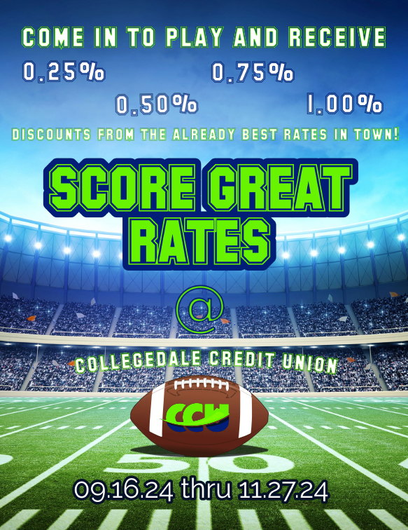 Image of a football with CCU logo on it on a football field.  White text at top says 'Come in to play and receive 0.25%, 0.50%, 0.75%, or 1.00% Discounts from the already best rates in town!'  Large green text  says 'SCORE GREAT RATES @ Collegedale Credit Union'